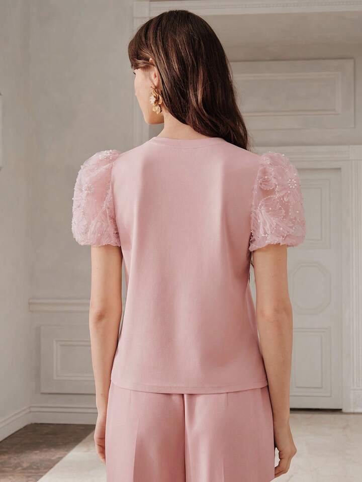 CM-TS064670 Women Elegant Seoul Style Round Neck Puff Sleeve Knit Patchwork Pearl Floral T-Shirt - Pink