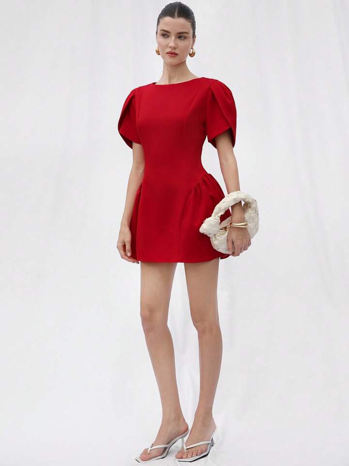 CM-DS891979 Women Elegant Seoul Style Tulip Print Puff Spliced Hem Round Neck Short Sleeve Dress - Red