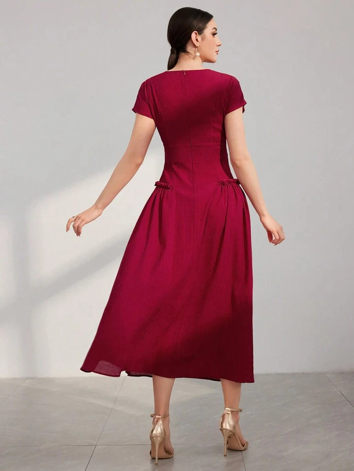 CM-DS200687 Women Elegant Seoul Style Batwing Sleeve Waist Cinched Dress - Burgundy