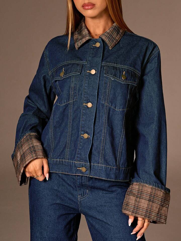 CM-CS199554 Women Elegant Seoul Style Dark Wash Collar Neckline Single Breatsed Long Sleeve Denim Jacket