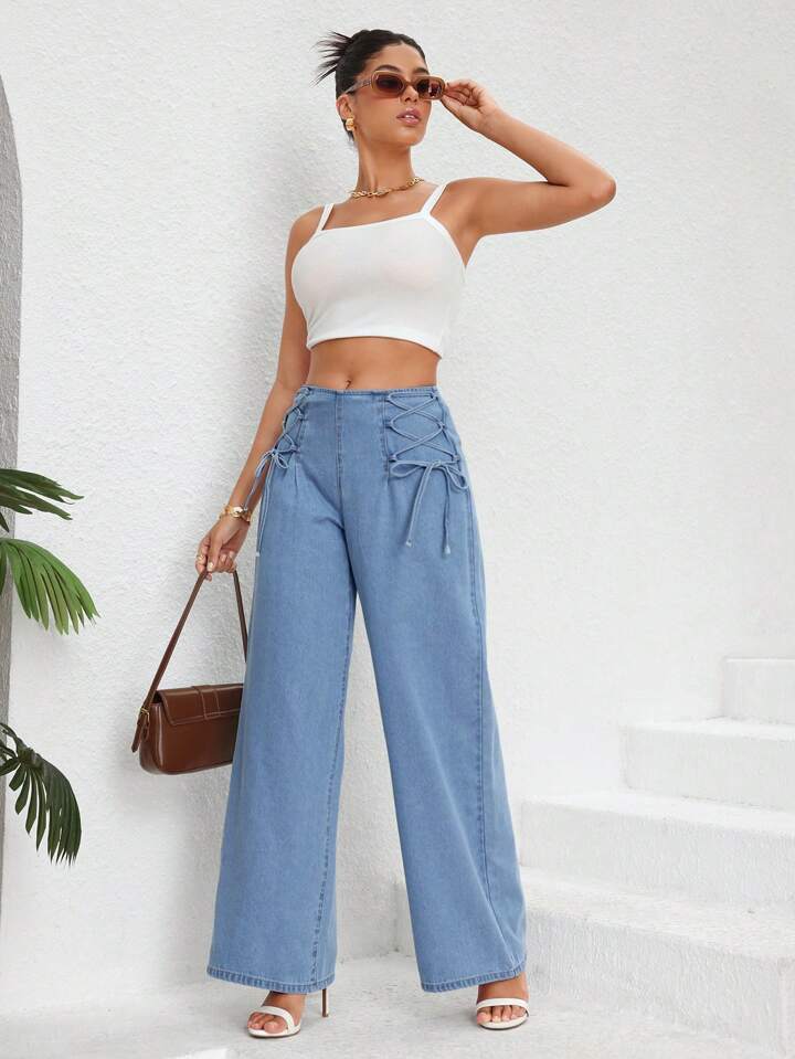 CM-BS222712 Women Casual Seoul Style Light Wash Lace Up Front Loose Wide Leg Jeans