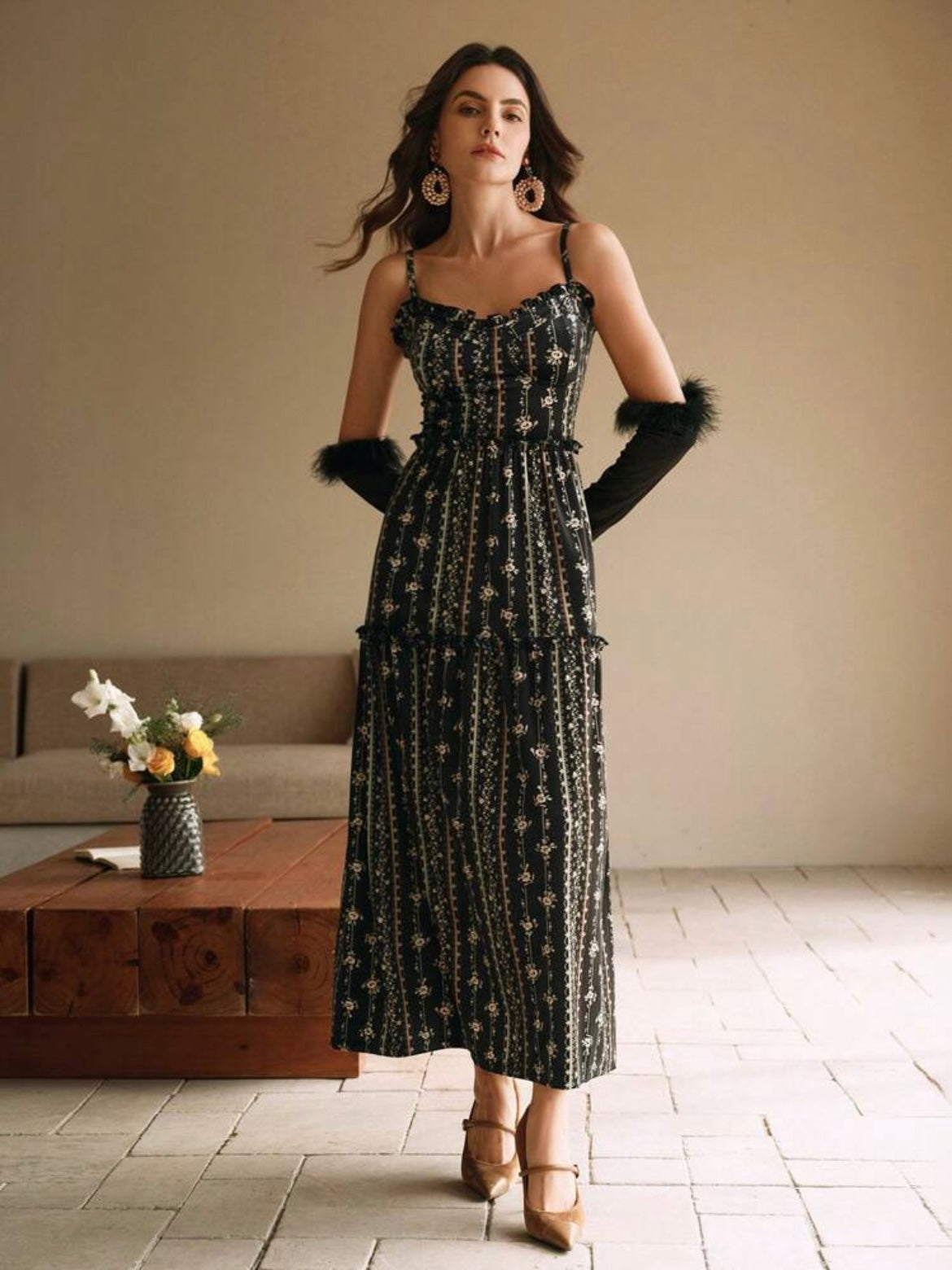 CM-DS071078 Women Elegant Seoul Style Sleeveless Floral Ruffled Hem A-Line Flannel Dress - Black