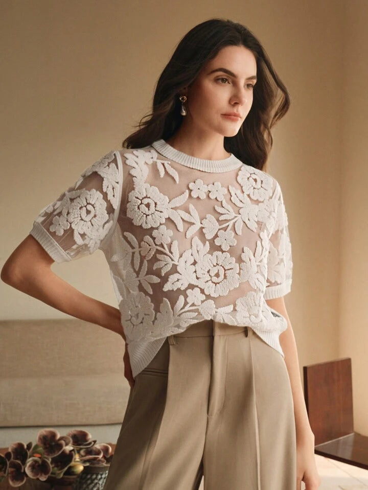 CM-TS314114 Women Casual Seoul Style Floral Mesh Round Neck Short Sleeve Knit Top - White