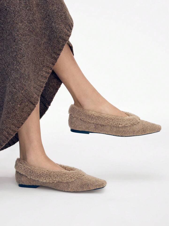 CM-SHS559490 Women Trendy Seoul Style Plush Pointed Toe Flats - Apricot