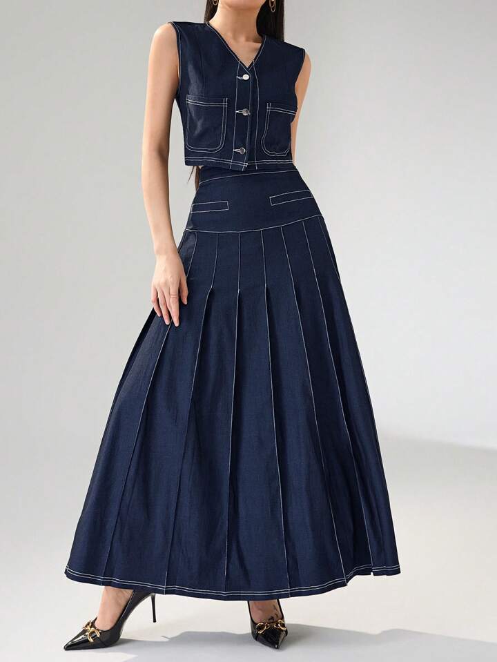 CM-SS998951 Women Elegant Seoul Style V-Neck Front Button Sleeveless Blouse With A-Line Skirt - Set