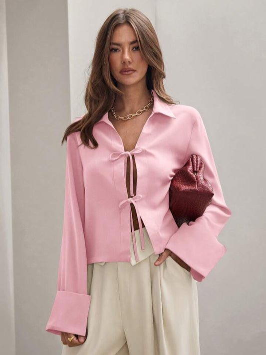 CM-TS885573 Women Trendy Bohemian Style Shirt Collar Front Tie Long Sleeve Shirt - Pink