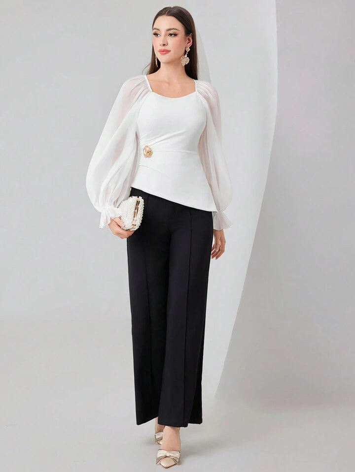 CM-TS953513 Women Elegant Seoul Style Mesh Panel Sweetheart Neck Long Sleeve Shirt