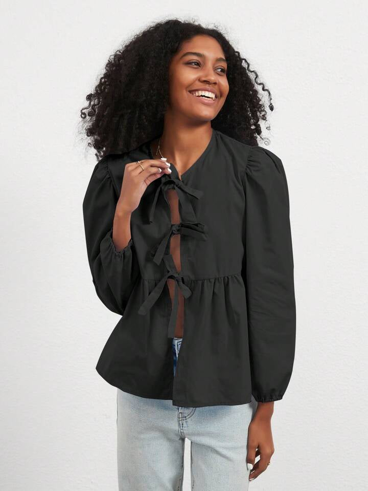 CM-TS989178 Women Casual Seoul Style Solid Color Puff Sleeve Tie-Front Shirt - Black