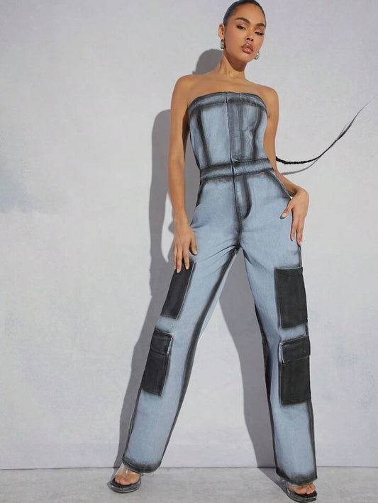 CM-JS191157 Women Elegant Seoul Style Light Wash Colorblock Tube Cargo Denim Jumpsuit