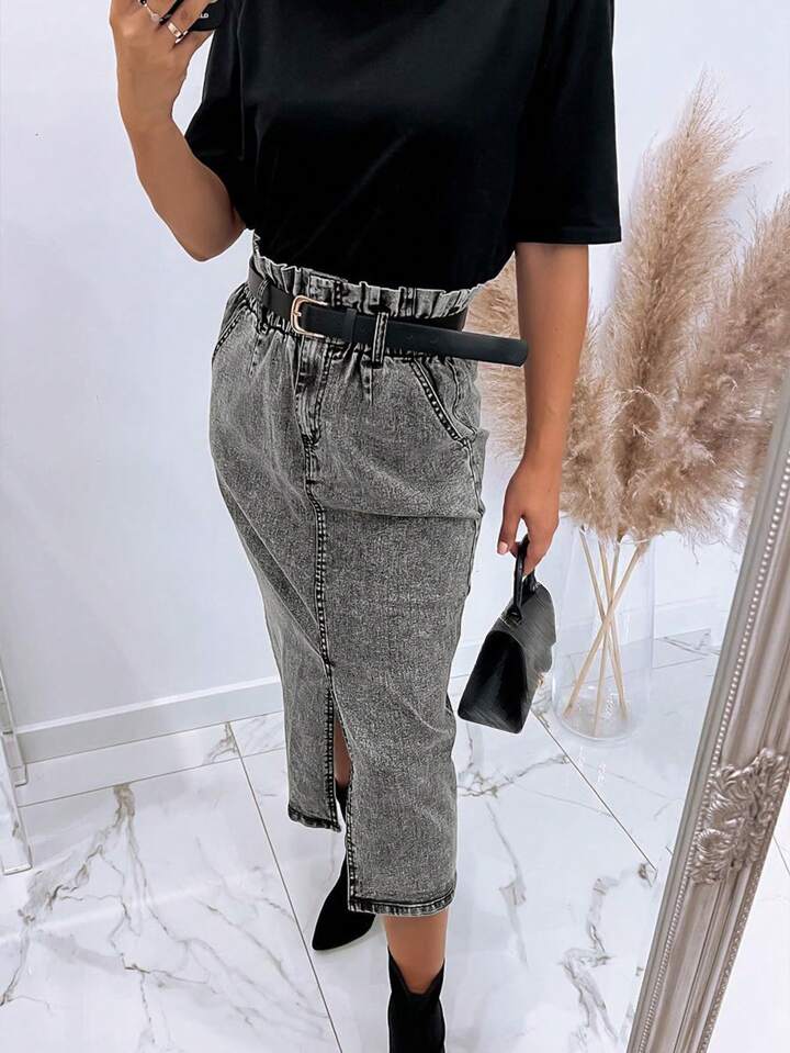 CM-BS244152 Women Casual Seoul Style Side Split Straight Pencil Skirt - Gray
