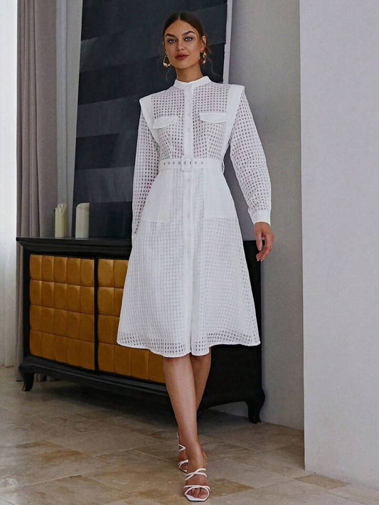 CM-DS131190 Women Elegant Seoul Style Stand Colar Long Sleeve Midi Dress - White