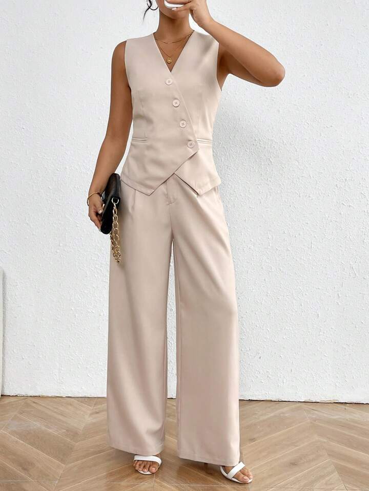 CM-SS004949 Women Elegant Seoul Style Asymmetrical Front Open V-Neck Vest With Wide Leg Pants - Set