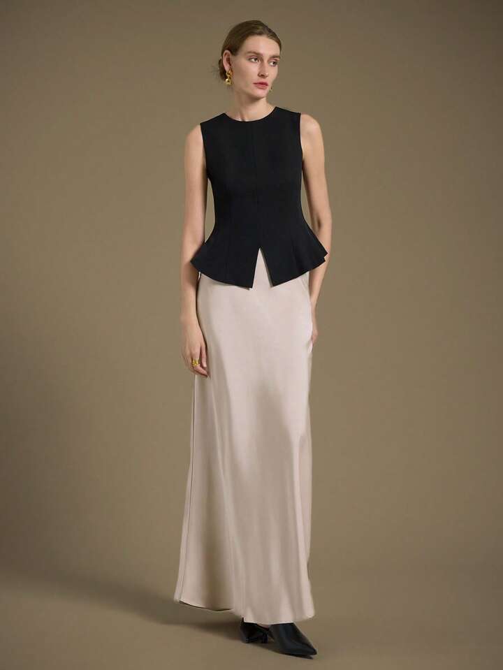 CM-TS119121 Women Elegant Seoul Style Round Neck Sleeveless Ruffle Hem Design Top - Black