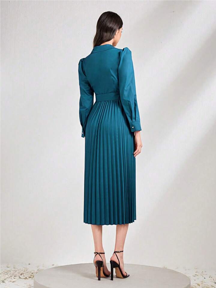 CM-DS800036 Women Elegant Seoul Style Solid Color Pleated Hem Wrap Belted Dress - Navy Blue