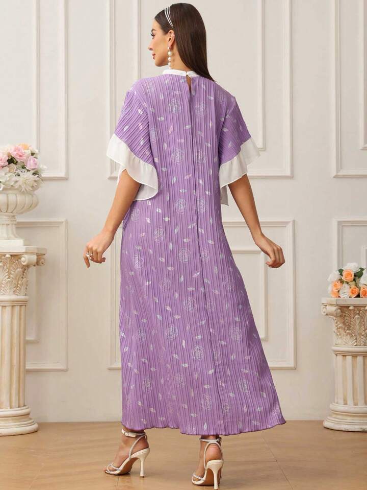 CM-DS265121 Women Trendy Bohemian Style Floral Print Color Block Lotus Leaf Short Sleeve Dress