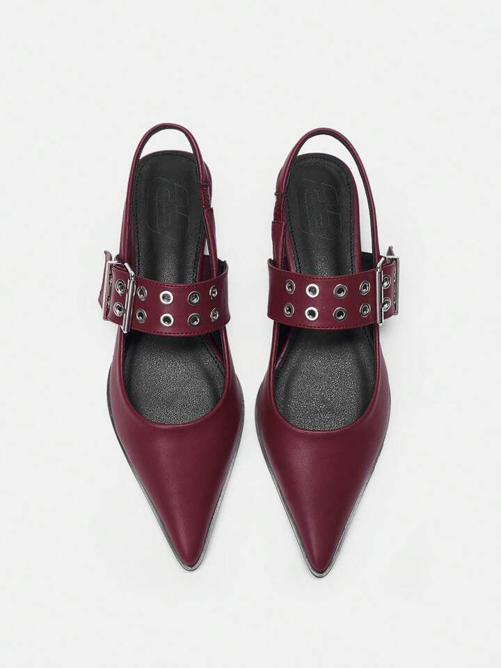 CM-SHS862685 Women Trendy Seoul Style PU Leather Pointed Toe Flat Shoes With Back Strap - Burgundy