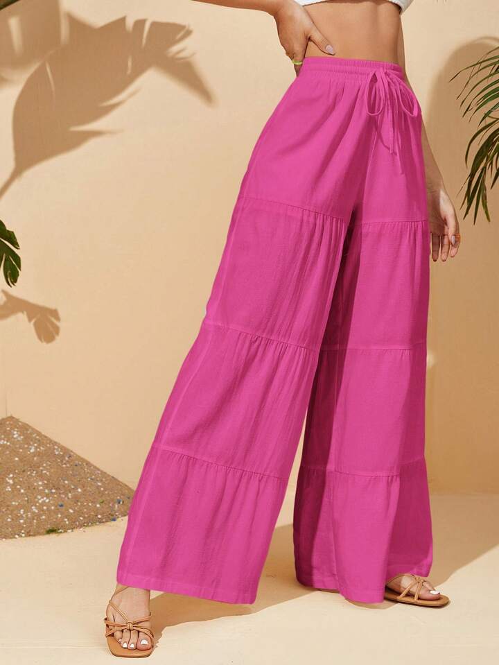 CM-BS338884 Women Trendy Bohemian Style High Waisted Knotted Wide Leg Pants - Hot Pink