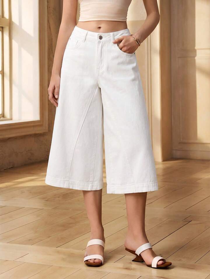 CM-BS133264 Women Casual Seoul Style Mid Waist Pockets Button Wide Leg Jeans - White