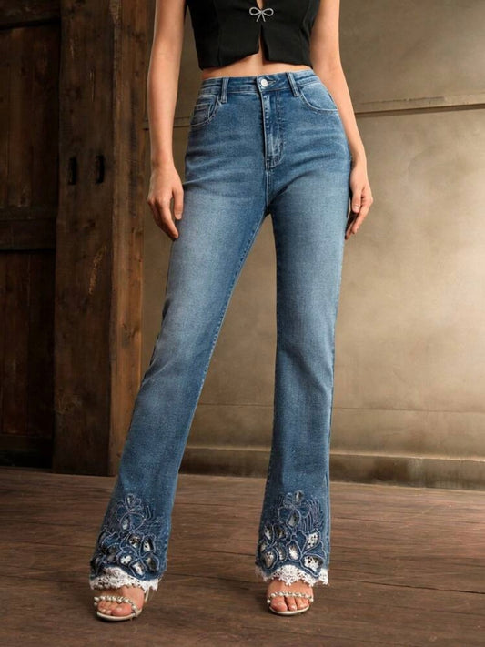 CM-BS455129 Women Elegant Seoul Style Embroidery Lace Hollow-Out Rhinestone Trim Flared Hem Jeans