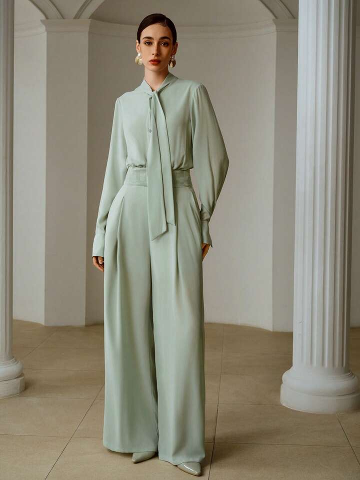 CM-JS504080 Women Elegant Seoul Style Ribbon Collar Rhinestone Buttons Chiffon Long Sleeve Jumpsuit - Mint Green