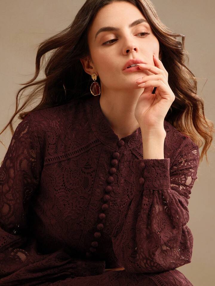 CM-DS163124 Women Elegant Seoul Style Lace Mandarin Collar Long Sleeve A-Line Dress - Burgundy