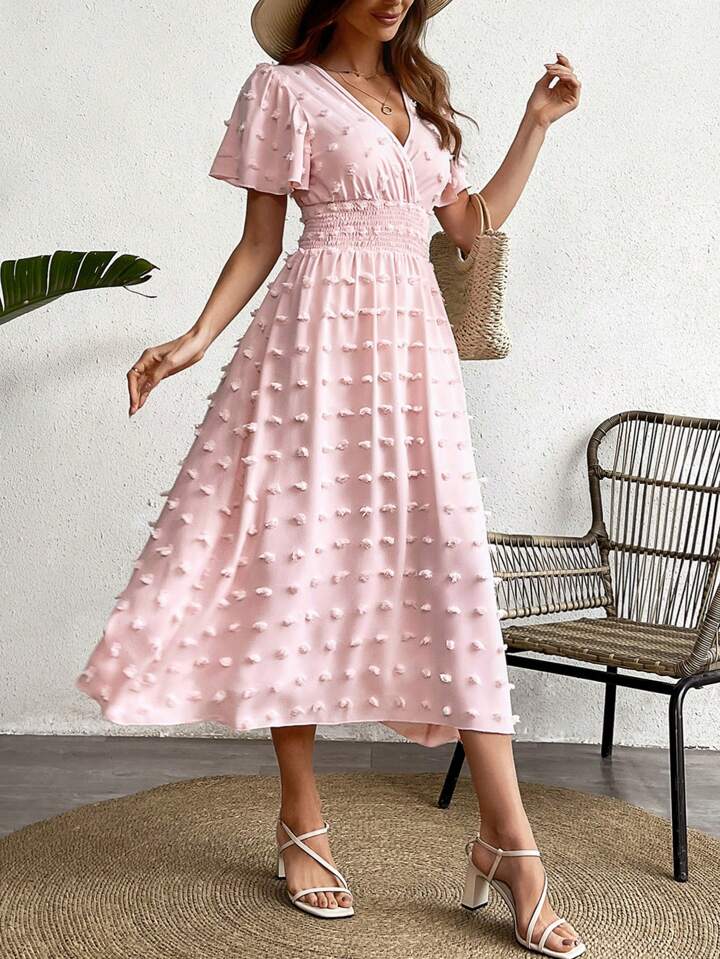 CM-DS224449 Women Casual Seoul Style Short Sleeve V-Neck Waist Gathered Dress - Pink