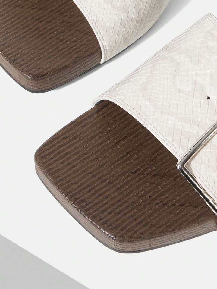 CM-SHS493873 Women Trendy Seoul Style Wooden Slip-On With Large Buckle PU Wedge Sandals - White