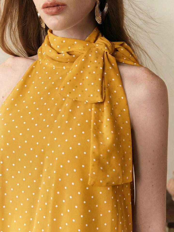 CM-SS174690 Women Trendy Bohemian Style Chiffon Polka Dot Print Sleeveless Halter Neck Top With Skirt - Set