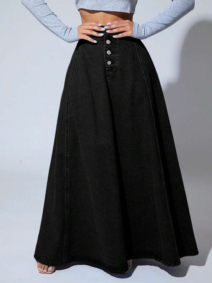 CM-BS790210 Women Casual Seoul Style High Waist Button Front Extra Long Denim Skirt - Black