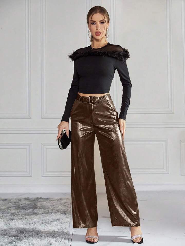 CM-BS994540 Women Elegant Seoul Style High Waist Belted Metallic Wide Leg Pants - Brown