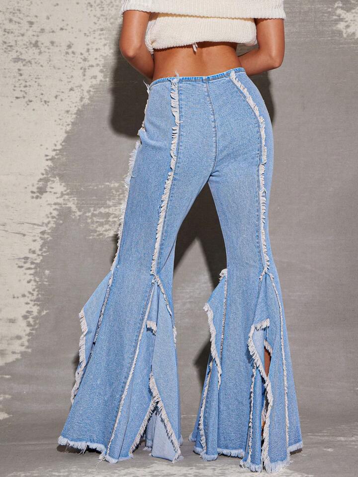 CM-BS396099 Women Casual Seoul Style Light Wash Seamed Raw Edge Fringe Flare Hem Stretch Denim Jeans