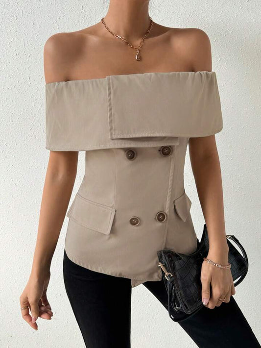 CM-TS245285 Women Casual Seoul Style Off-Shoulder Bandeau Neckline Slim Fit Shirt