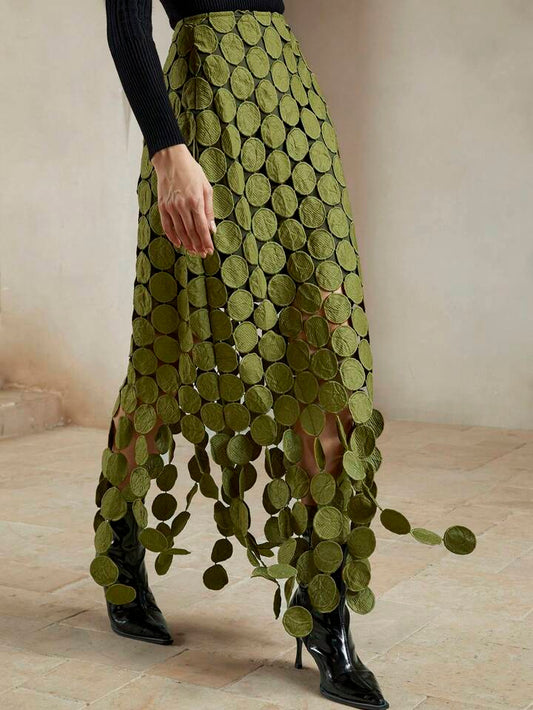 CM-BS505600 Women Trendy Bohemian Style Laser Cut Multi Circle Double Layered Maxi Skirt - Olive Green