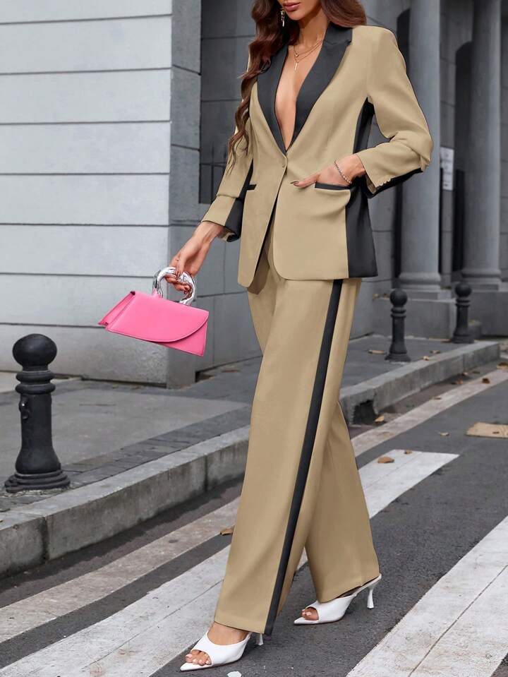 CM-SS512209 Women Elegant Seoul Style Contrast Color Lapel Neckline Long Sleeve Blazer With Suit Pants - Set