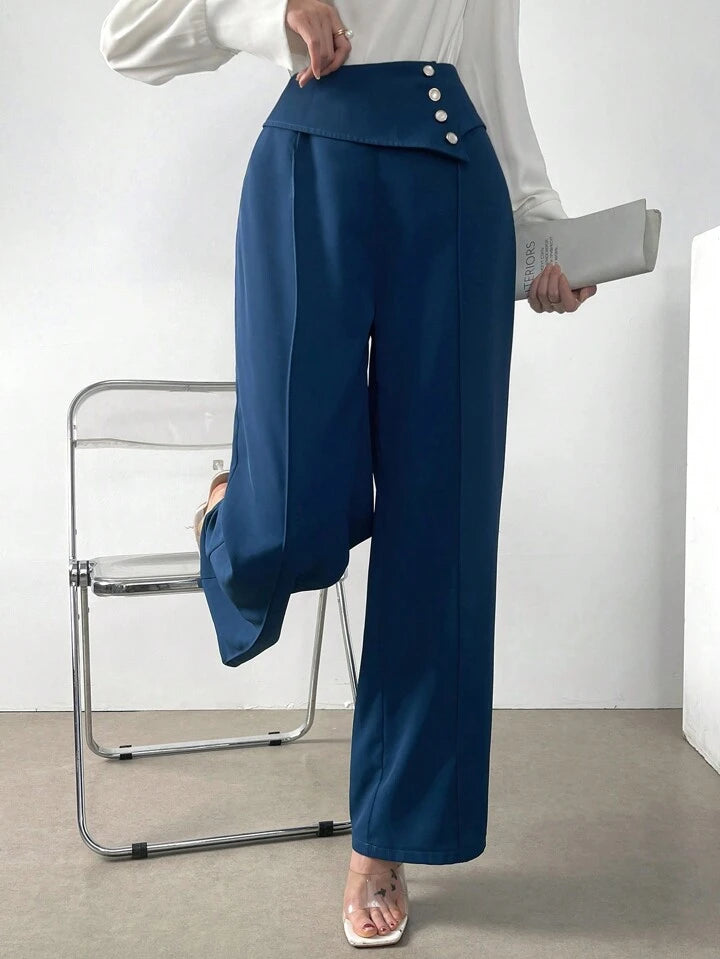 CM-BS457540 Women Casual Seoul Style Solid Color Button Straight Leg Trousers - Teal Blue