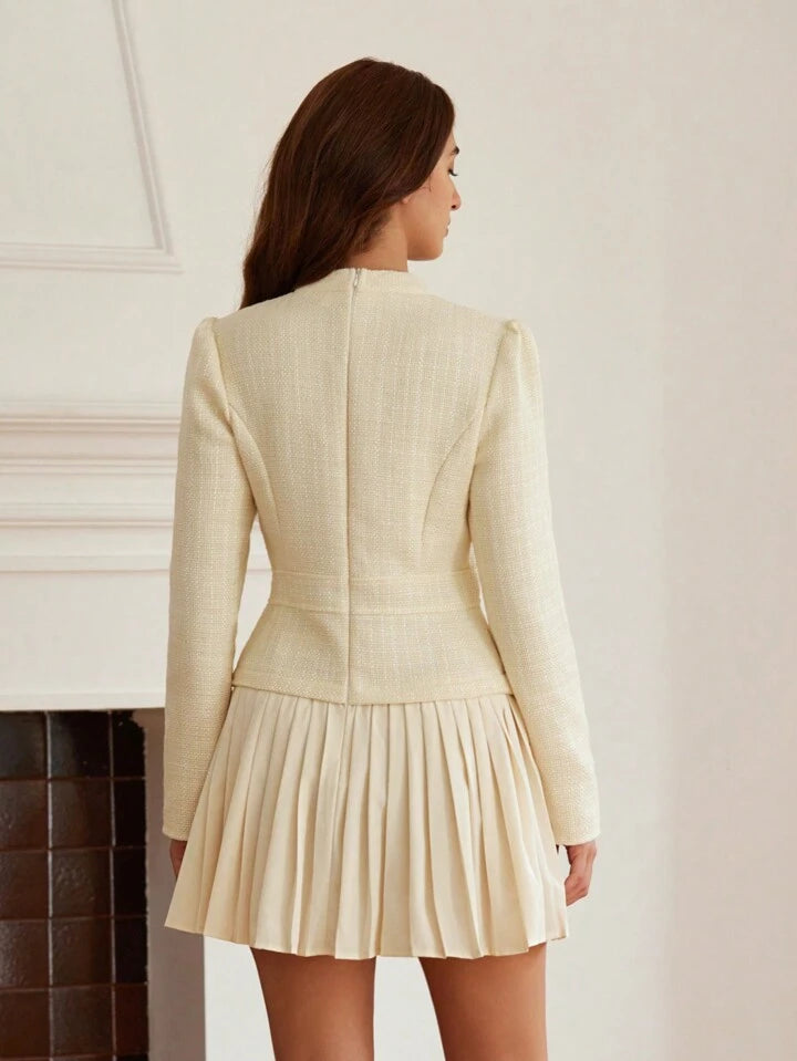 CM-DS876080 Women Elegant Seoul Style Waist Cinching Slimming Textured Patchwork Pleated Dress - Apricot