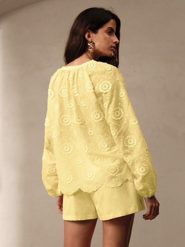 CM-TS767445 Women Trendy Bohemian Style V-Neck Tie Front Long Sleeve Floral Print Shirt - Yellow