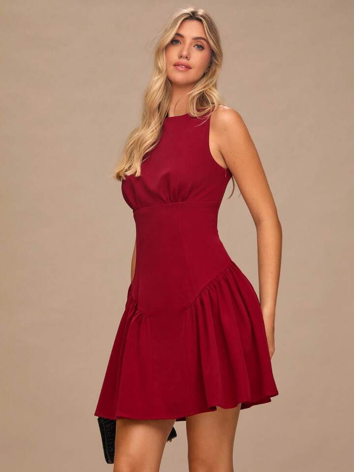 CM-DS334312 Women Elegant Seoul Style Round Neck Sleeveless Pleated Hem Mini Dress - Burgundy
