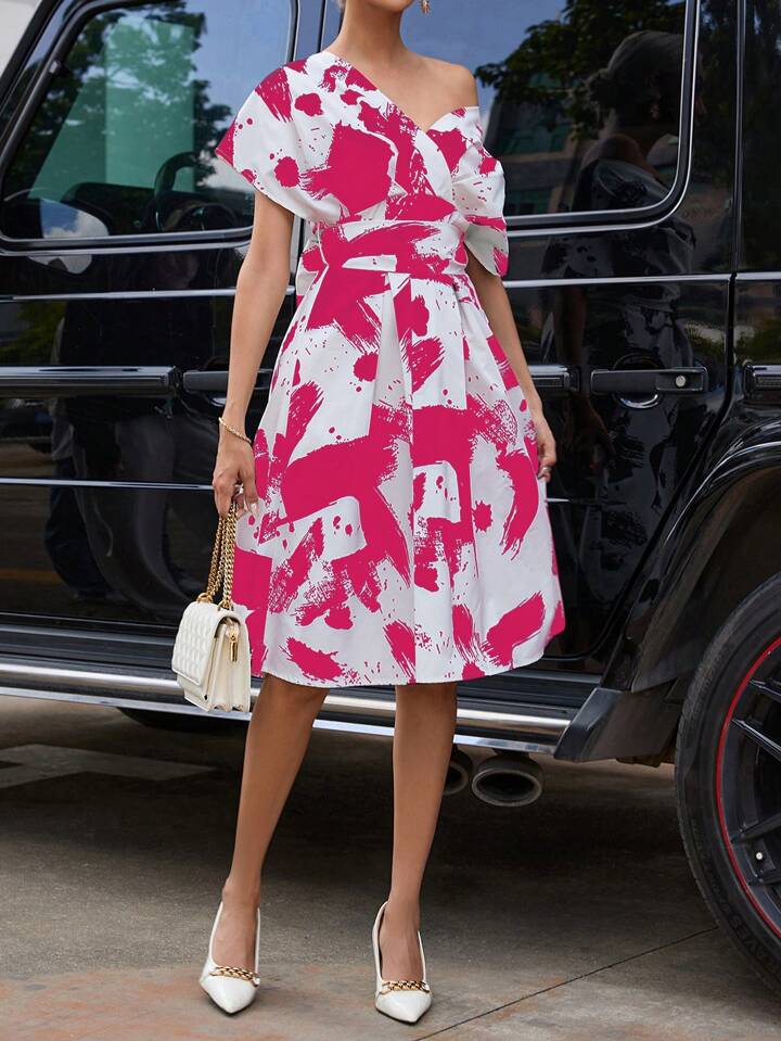 CM-DS886308 Women Trendy Bohemian Style Brush Print Asymmetrical Neck Dress - Hot Pink