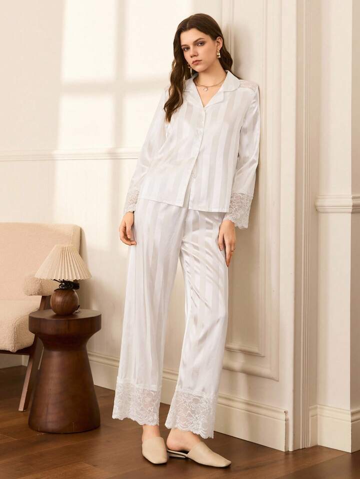 CM-LS918588 Women Trendy Seoul Style Lace Patchwork Striped Satin Collar Long Sleeve Pajama Set - White