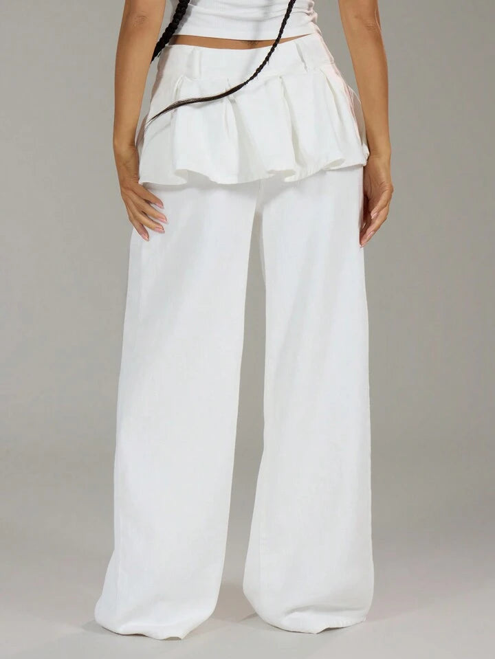 CM-BS657356 Women Casual Seoul Style Layered Pleated Skirt Over Wide Leg Jeans