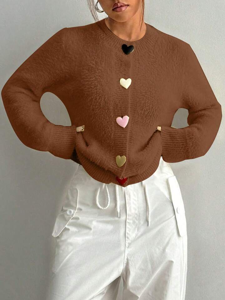 CM-CS468262 Women Casual Seoul Style Colorful Heart Button Front Cardigan - Brown