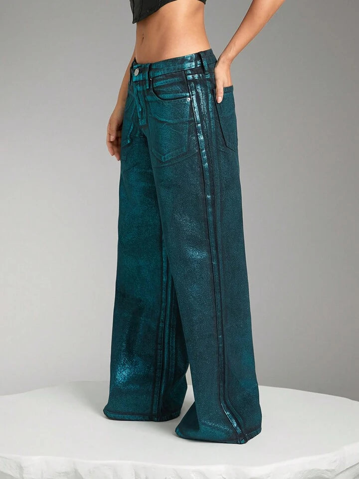 CM-BS043633 Women Casual Seoul Style Drop Waist Foil Low Rise Wide Leg Jeans - Green