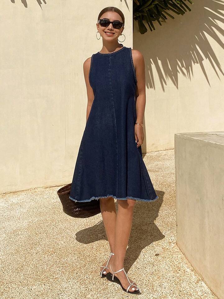 CM-DS784537 Women Casual Seoul Style Medium Wash Backless Drawstring Tie-Up Hollow Denim Dress