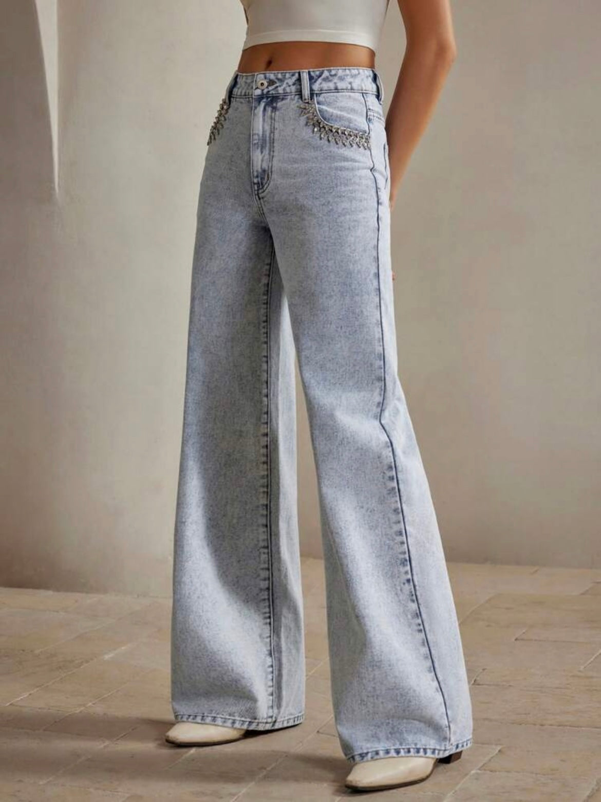 CM-BS975270 Women Elegant Seoul Style Rhinestone Decor Washed Loose Casual Straight Leg Jeans
