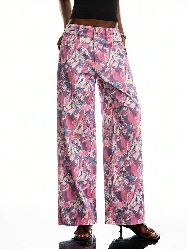 CM-BS369754 Women Casual Seoul Style Low Waist Multicolor All-Over Print Straight Leg Jeans