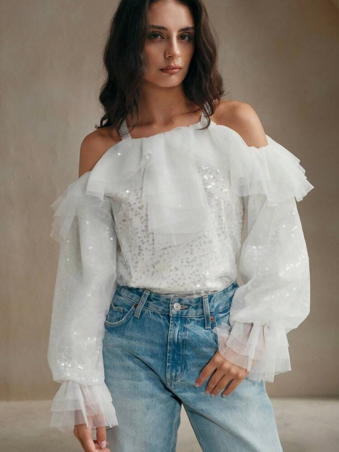 CM-TS753237 Women Elegant Seoul Style Solid Color Mesh Patchwork Camisole Sleeve Blouse - White