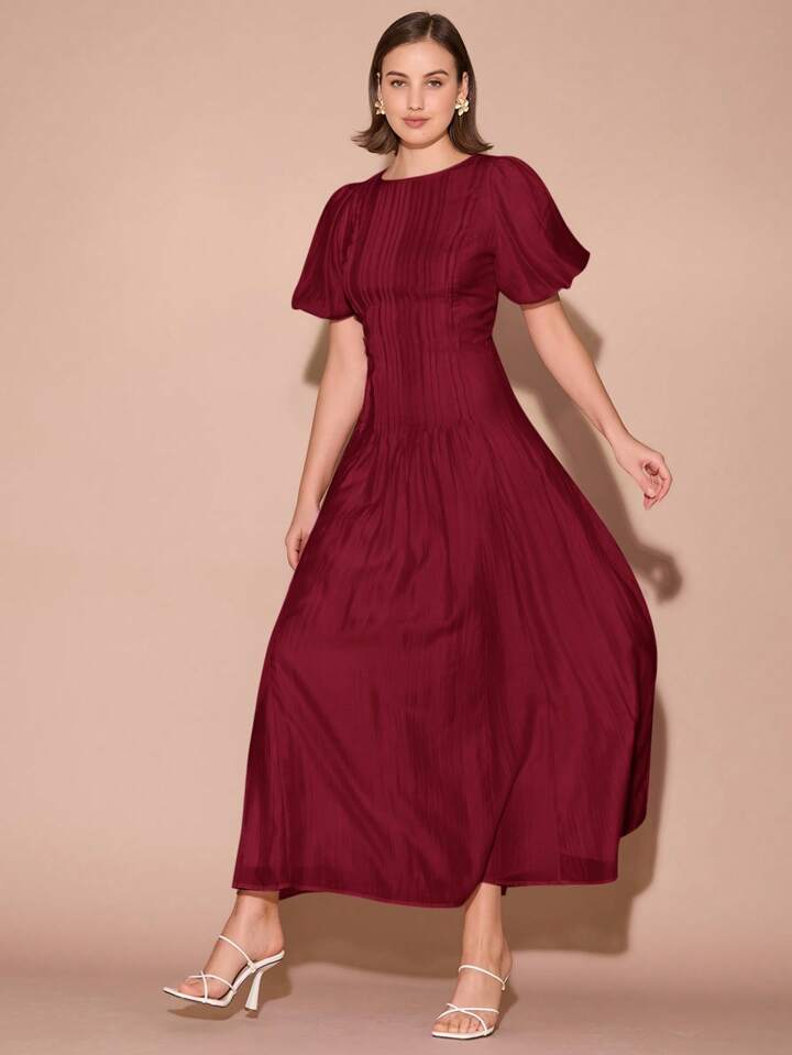 CM-DS101609 Women Elegant Seoul Style Round Neck Bubble Pleat Puff Long Sleeve Maxi Dress - Burgundy