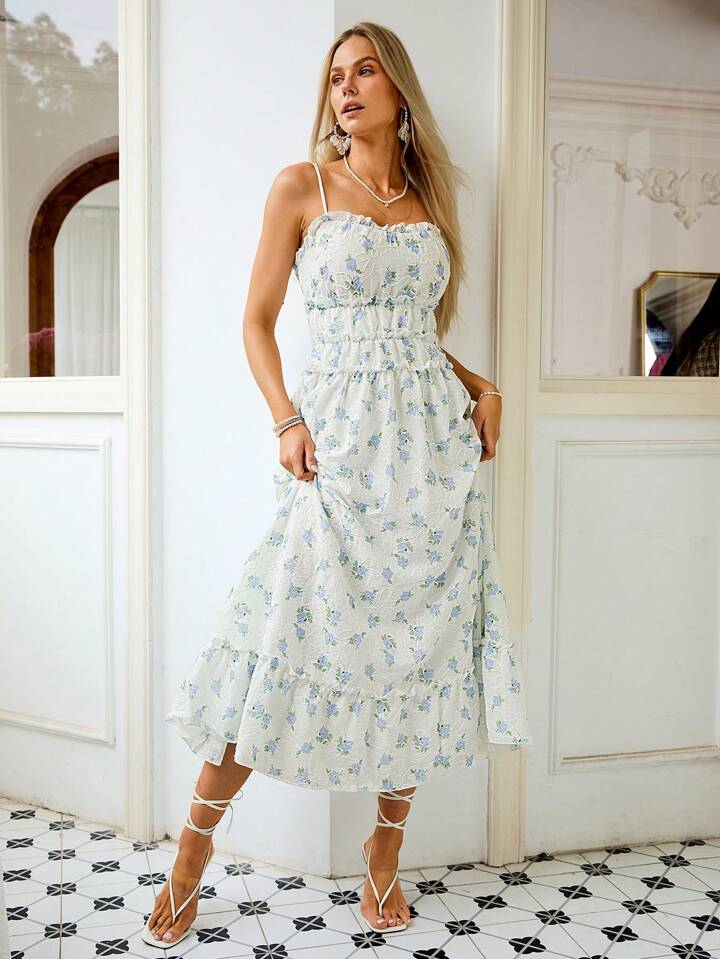 CM-DS263838 Women Casual Seoul Style Floral Print Spaghetti Strap Lace Trim Dress
