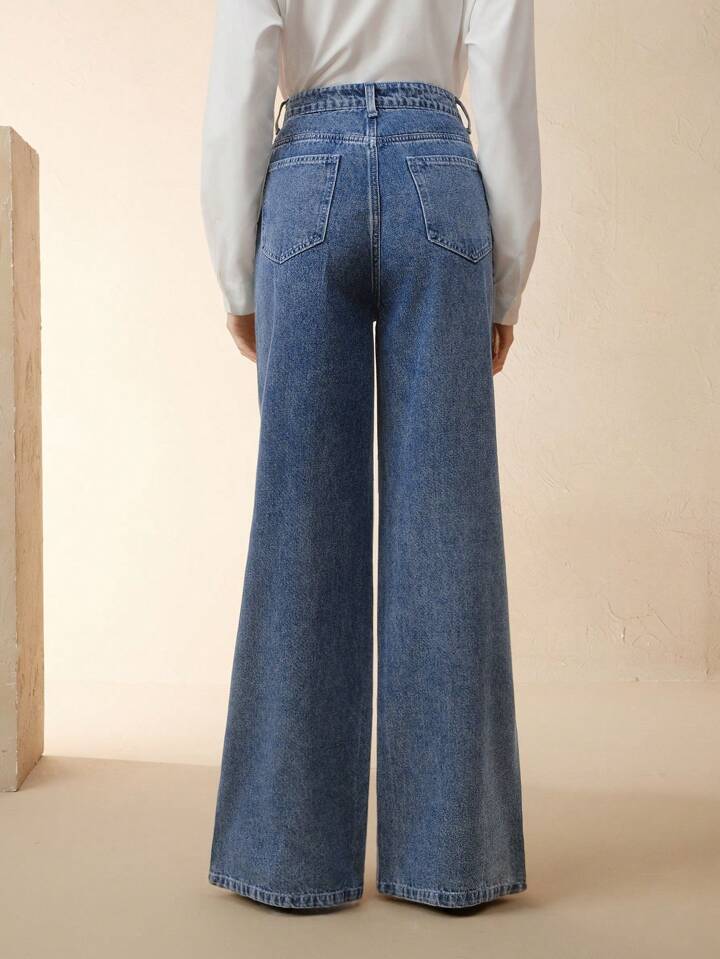 CM-BS434254 Women Elegant Seoul Style Mid Waist Rhinestone Embellished Straight-Leg Jeans - Blue